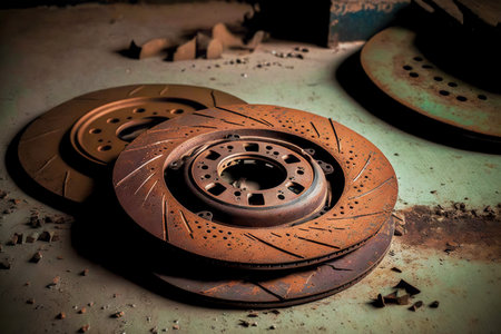 rusty used brake discs lie in garage on floorの写真素材