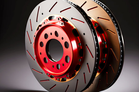 new shiny brake discs with red color linings for replacement in carの写真素材
