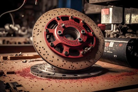 auto master removes old brake discs and puts new oneの写真素材