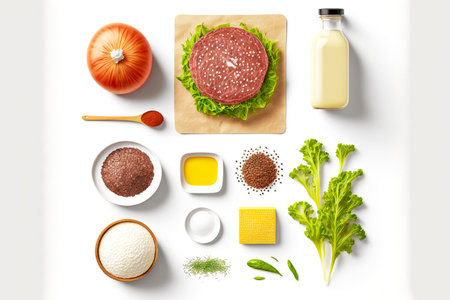 ingredients for making beef burger on white isolated backgroundの写真素材