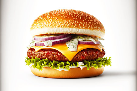 onion cheeseburger with meat burger on white isolated backgroundの写真素材