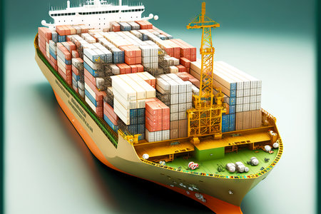 cargo ship with large deck loaded with different containers