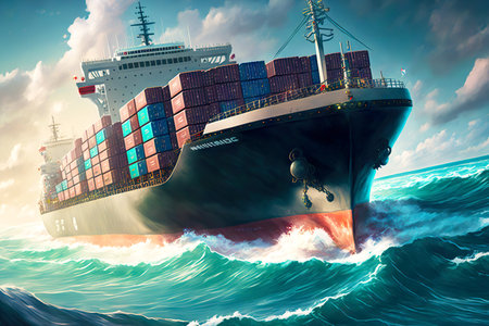 loaded cargo ship delivers goods to port according to freightの写真素材