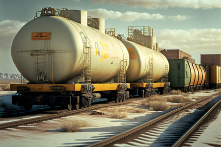 filled tanks and loaded wagons stand on rails together with cargo trainの写真素材