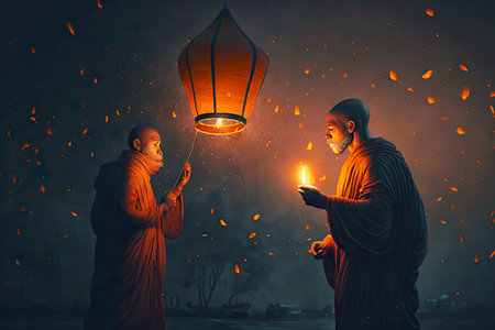 monks light floating asian lanterns and release into night skyの写真素材