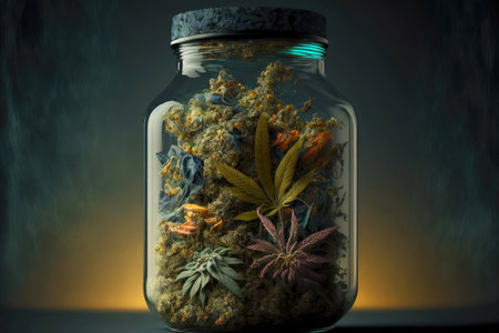 jar of dried cannabis flower budsの写真素材
