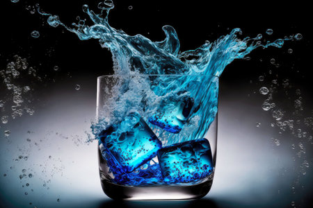 blue smooth ice cubes fall into liquid poured into transparent glass