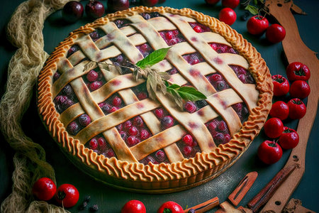 cherry pie with braided dough decoration and juicy fillingの写真素材