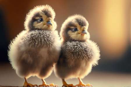 two fluffy cute chicks stand on their paws on blurred backgroundの写真素材