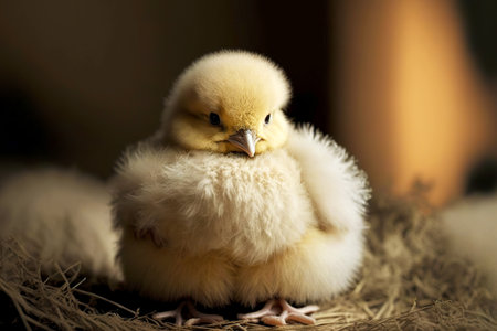 newly born fluffy chicks sits on floor with his paws tucked awayの写真素材