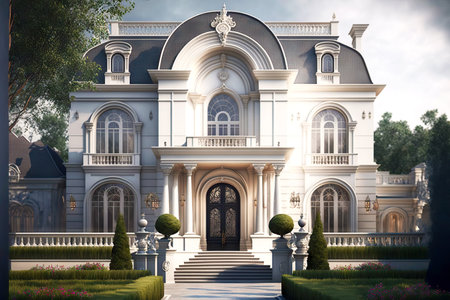 beaful white mansion with arched elements in architecture in classic style house exteriorの写真素材