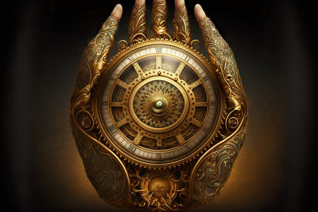 gold vintage clockwork with dial with hands in centerの写真素材