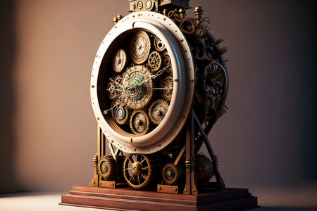 massive vintage mechanical clock with disassembled clockwork stand on table