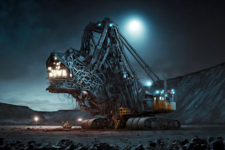 a back-filling machine in an open coal mine at night, mining industryの写真素材