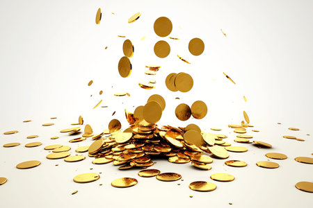 shiny gold coins falling into heap on table on white backgroundの写真素材