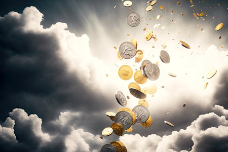gold and silver coins falling from sky against background of clouds