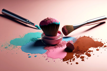 spilled on table cosmetic powder brushes and shadowsの写真素材