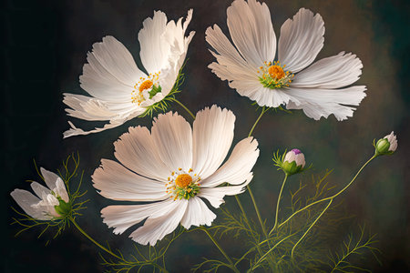 delicate fragile cosmos flowers on brittle stems with white petalsの写真素材