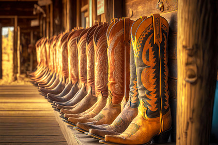 long row of leather cowboy boots at ranch in wild west