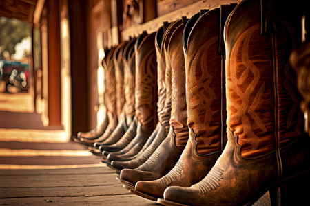 long row of leather cowboy boots at ranch in wild westの写真素材