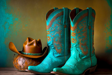 bright turquoise cowboy boots for cowgirl with brown rodeo hatの写真素材