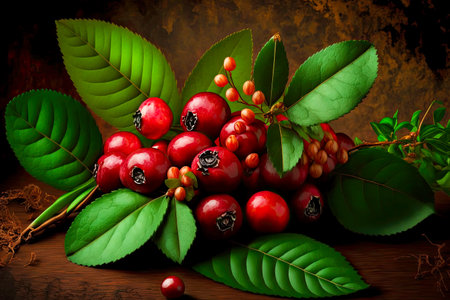 beaful whole cranberry laid out on table next to green leaves