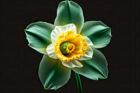large beaful lonely daffodil flower isolated on dark green backgroundの写真素材