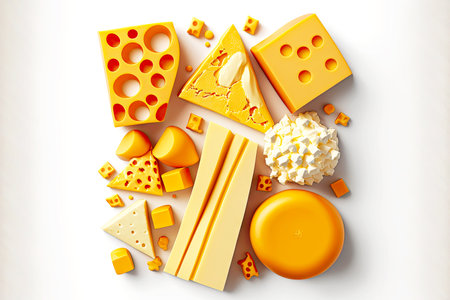 laid out on top of each other pieces of cheese with dairy product isolated on whiteの写真素材