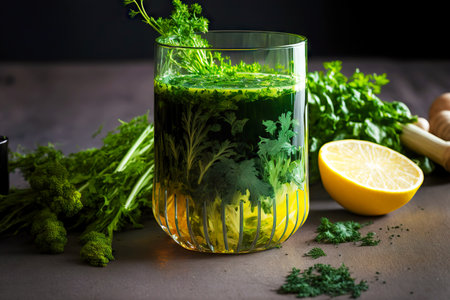 glass of healthy thick detox juice with fresh herbsの写真素材