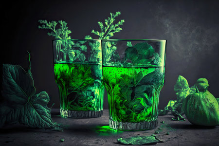 glasses with bright green healthy detox juice on table on dark backgroundの写真素材