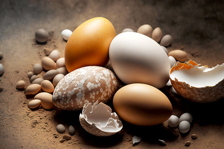 chicken eggs with beige and variegated shells lying on gray brown background