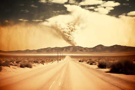 dusty empty road beyond horizont against background of hills and clouds