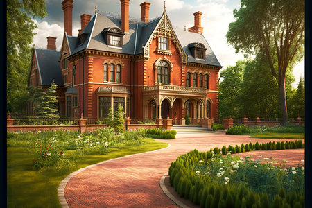 red brick mansion with park and walkway english style house exterior