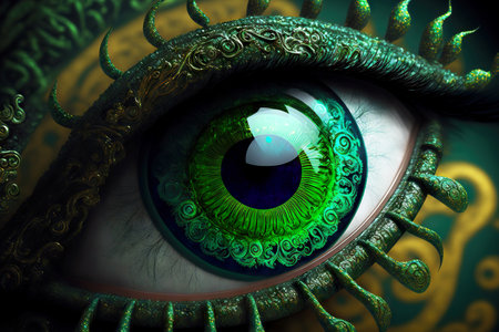 bright green mystical evil eye close-up with eyelashesの写真素材