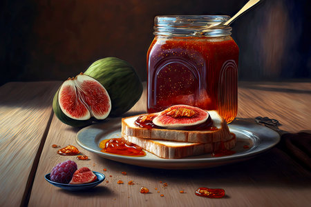 breakfast toast with delicious sweet fig jam and jellyの写真素材