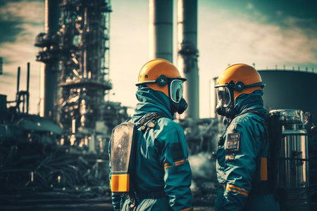 workers of energy industry in protective suits and helmets stand on territory of factoryの写真素材