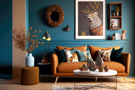modern home interior blue with brown walls and decorations