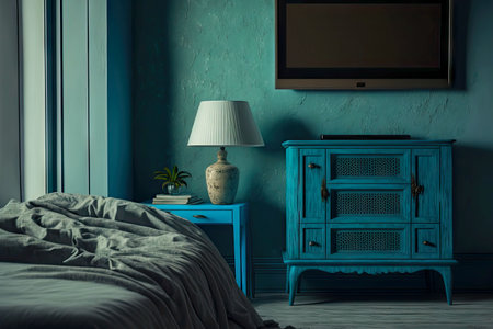 bedside table with tv against wall in room with home interior blueの写真素材