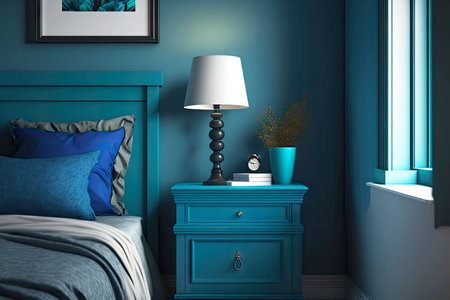 home interior bluesoft furniture and bedside table against wall in home interior blueの写真素材