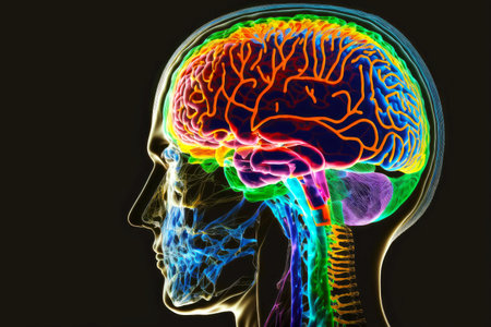 color conventional image of head with human brain on black backgroundの写真素材