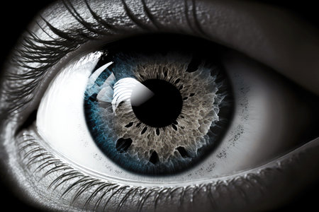view of human eye with black pupil in black gray tonesの写真素材