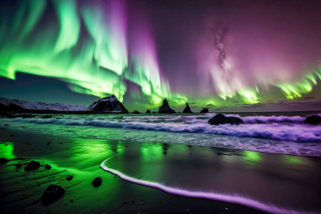 bright purple green flashes of northern lights in sky above iceland beachの写真素材