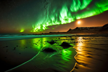 beaful bright green lights of northern lights on iceland beachの写真素材