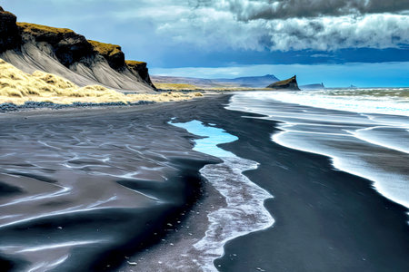 sandy strip on no people iceland beach shoreの写真素材