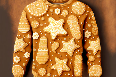 festive winter treat ginger biscuits sweater with christmas patternの写真素材