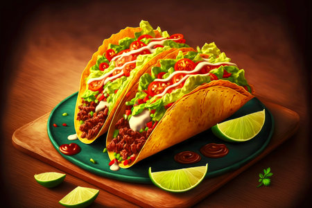 mexican fast food tacos in tortilla with beef tomatoes and avocado with guacamole sauceの写真素材