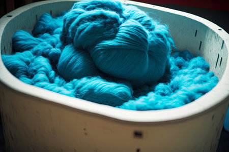 blue wool fibers in tub for painting weaving factory textile industryの写真素材