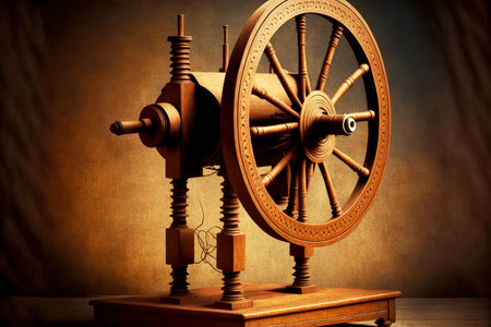 vintage spinning wheel spindle for creating fabrics textile industryの写真素材