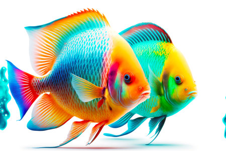 three multicolored bright colorful fish tropical fish isolated on white backgroundの写真素材