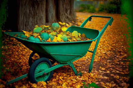 green hand wheelbarrow filled with autumn fallen leaves in gardenの写真素材